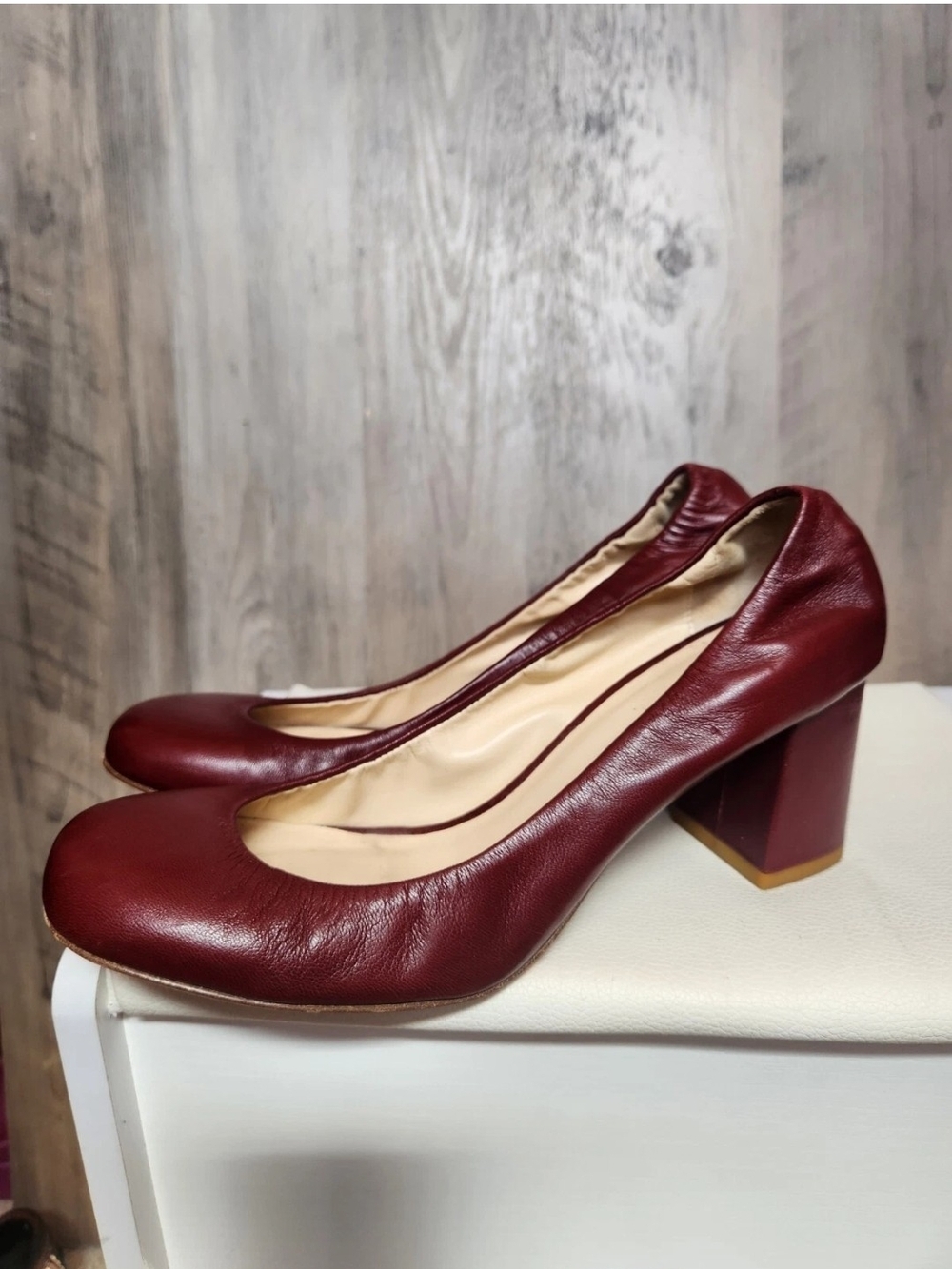 M.Gemi Bordeaux Italian Leather Chunky Block Heel Pumps Red Round Toe Shoes 7.5